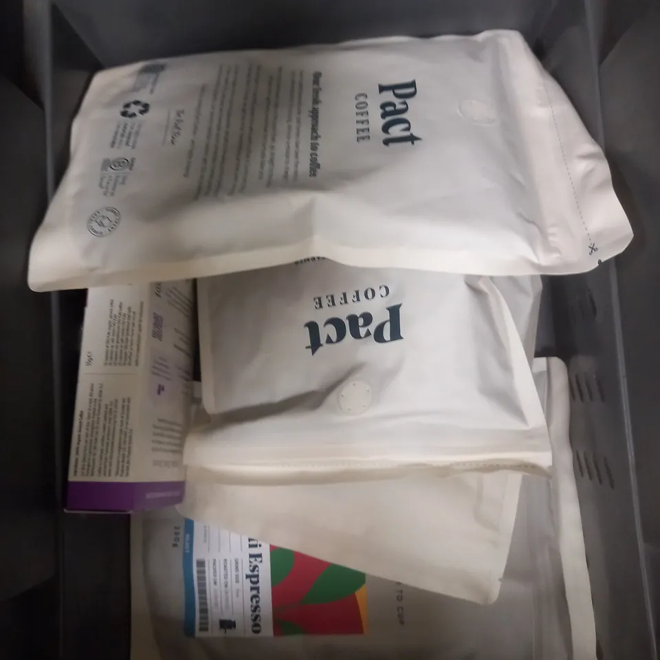 APPROXIMATELY 10 ASSORTED COFFEE PRODUCTS TO INCLUDE PACT COFFEE, CC ROASTERS, BELLA BARISTA ETC 