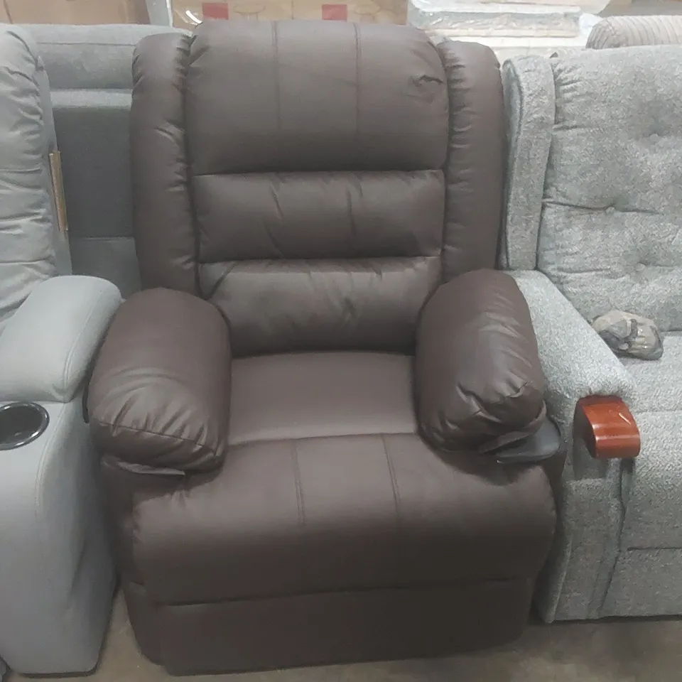 DESIGNER MANUAL RECLINER FAUX LEATHER UPHOLSTERED ARMCHAIR - BROWN