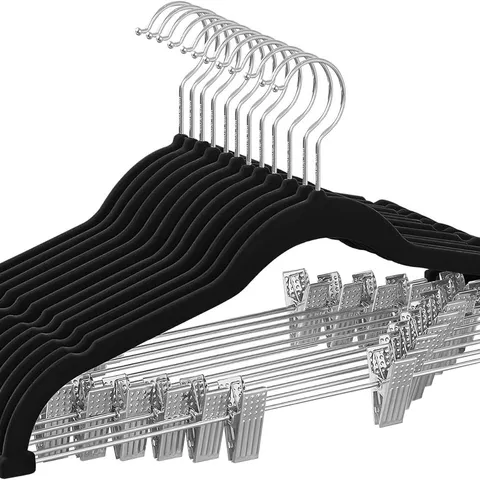 BOXED SONGMICS TROUSER HANGERS, SET OF 12 VELVET HANGERS WITH ADJUSTABLE CLIPS - BLACK 