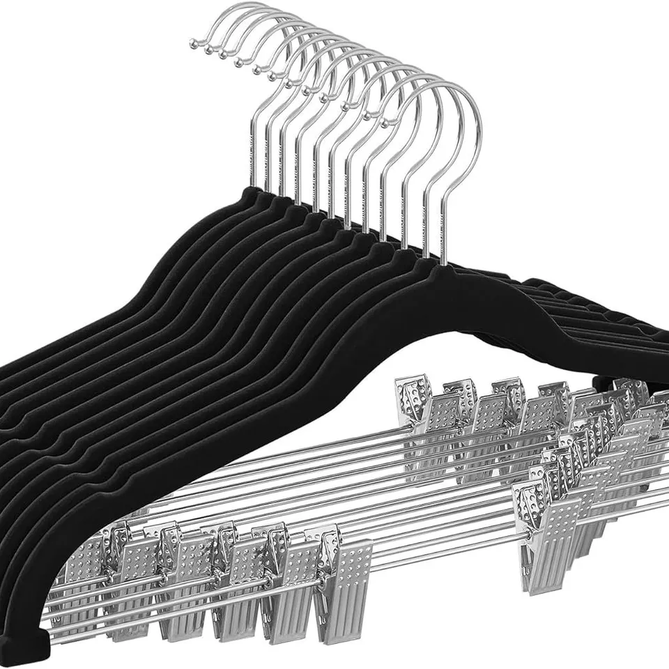 BOXED SONGMICS TROUSER HANGERS, SET OF 12 VELVET HANGERS WITH ADJUSTABLE CLIPS - BLACK 