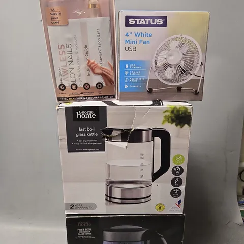 BOX OF APPROXIMATELY 6 ASSORTED ITEMS TO INCLUDE -FAST BOIL KETTLE, WHITE MINI USB FAN ETC