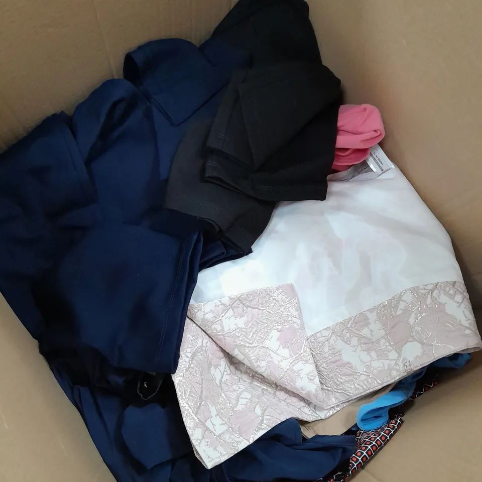 LARGE BOX OF ASSORTED CLOTHING ITEMS TOO INCLUDE TOPS , TROUSERS AND JUMPERS COMING IN DIFFERENT COLOURS AND SIZES 