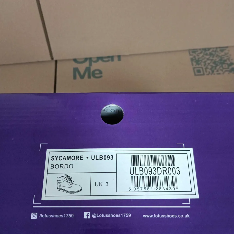 BOXED PAIR OF LOTUS SYCAMORE BORDO SUEDE BOOTS – WOMEN'S ANKLE BOOTS, UK 3