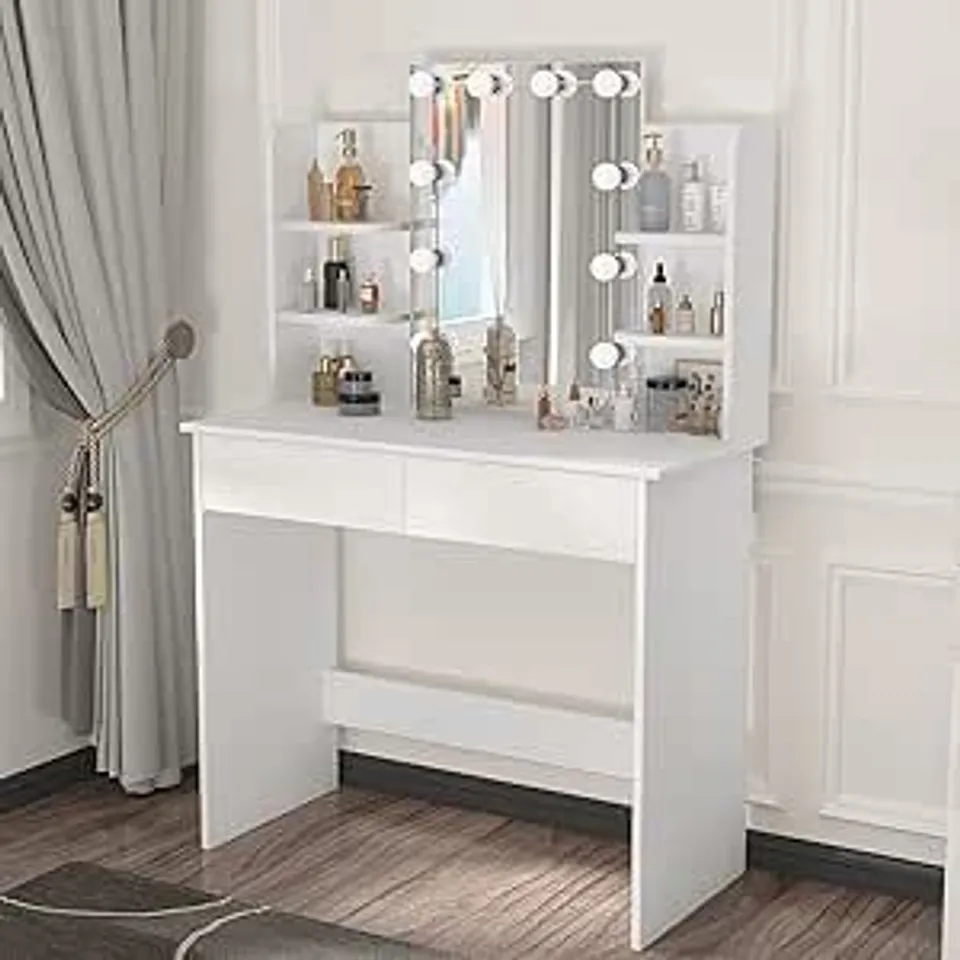 BOXED WOLTU DRESSING TABLE, VANITYBOXED DESK WITH MIRROR AND 10 DIMMABLE LED BULBS, 2 DRAWERS AND 4 SHELVES, POWER STRIP, WOODEN BEDROOM DRESSER