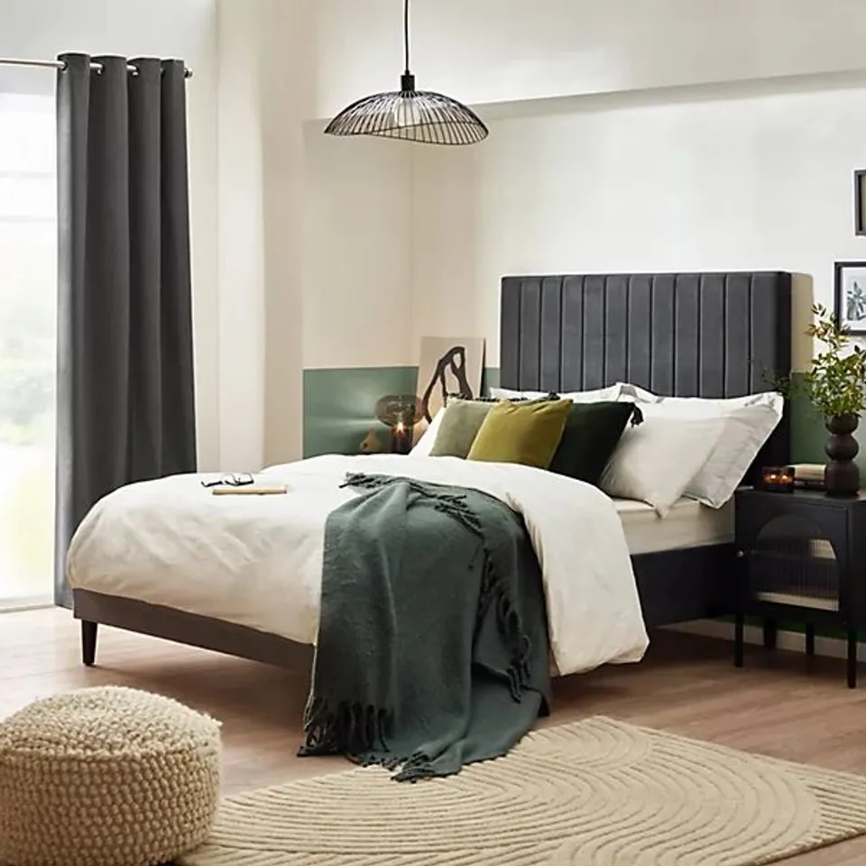 BOXED ASTER DOUBLE BED FRAME IN GREY VELVET (2 BOXES)