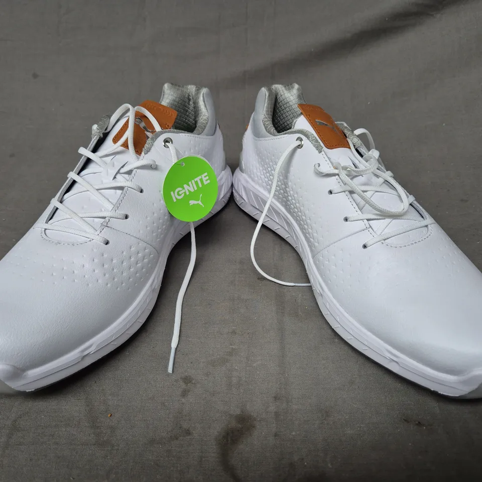 BOXED PAIR OF PUMA IGNITE ARTICULATE GOLF SHOES IN WHITE/SILVER UK SIZE 10.5