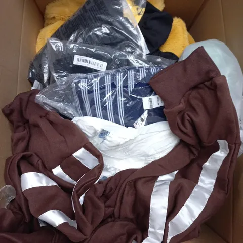 LARGE BOX OF APPROX 20 ASSORTED CLOTHING ITEMS IN VARIOUS COLORS , SIZES AND STYLES