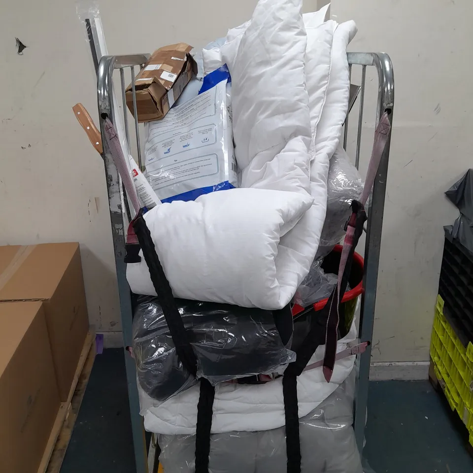 CAGE OF ASSORTED HOUSEHOLD ITEMS TO INCLUDE PILLOWS, CAT LITTER, EASY COMPOST, WEED SLASHER, MOP BUCKET, AND CONCRETE MIX ETC.