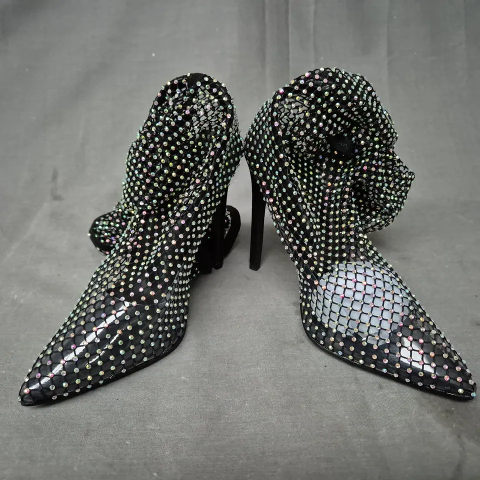 BOXED PAIR OF QUEEN LINA RHINESTONE OVER THE KNEE STILETTO HEELS IN MULTICOLOUR EU SIZE 36