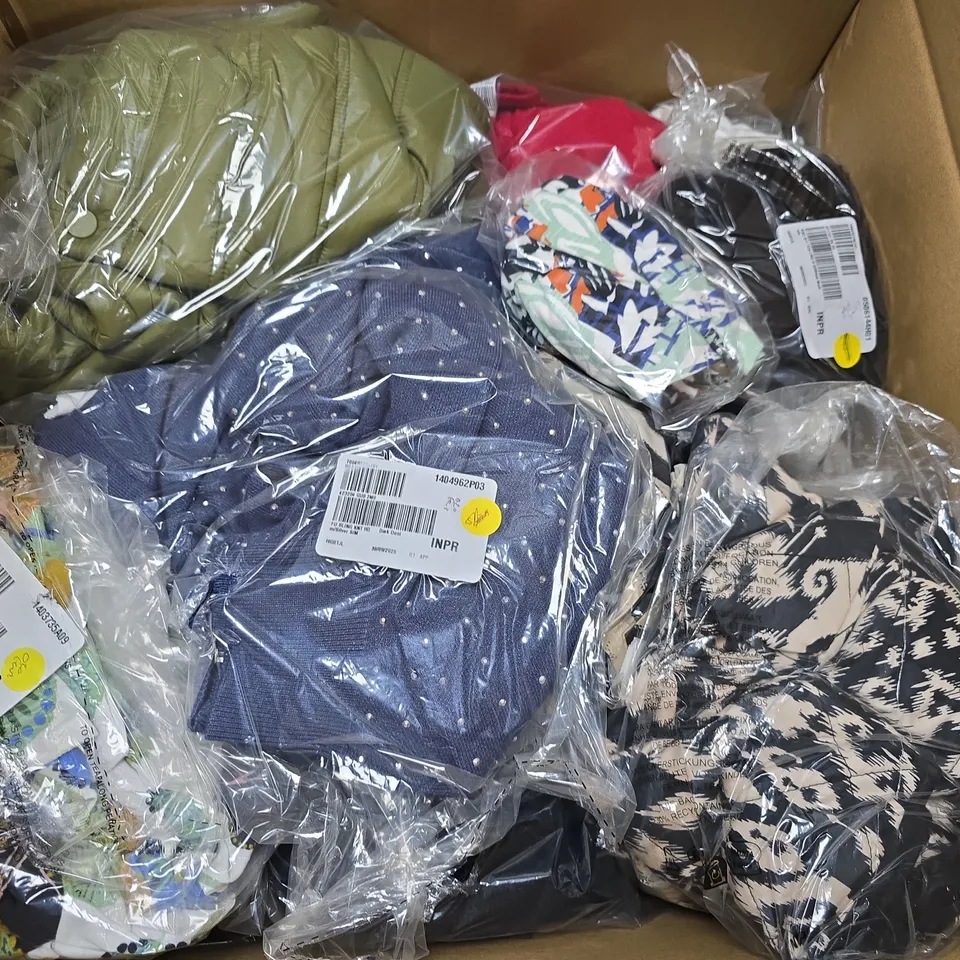 LARGE BOX OF APPROX 15 ASSORTED CLOTHING ITEMS IN VARIOUS STYLES, SIZES AND COLOR