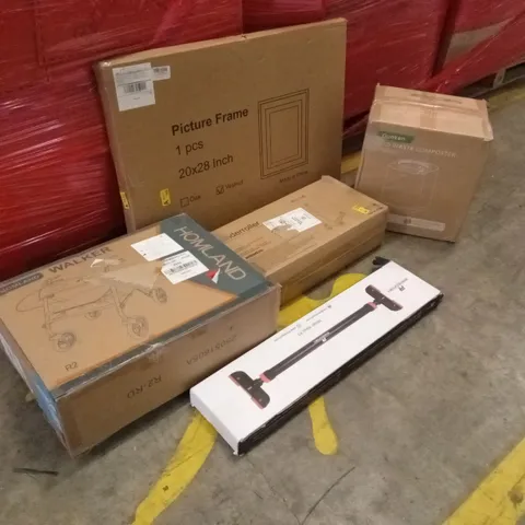 PALLET OF ASSORTED HOUSEHOLD GOODS AND PRODUCTS TO INCLUDE; WALKER, FOOD COMPOSTER, PICTURE FRAME, PULL-UPS BAR ETC