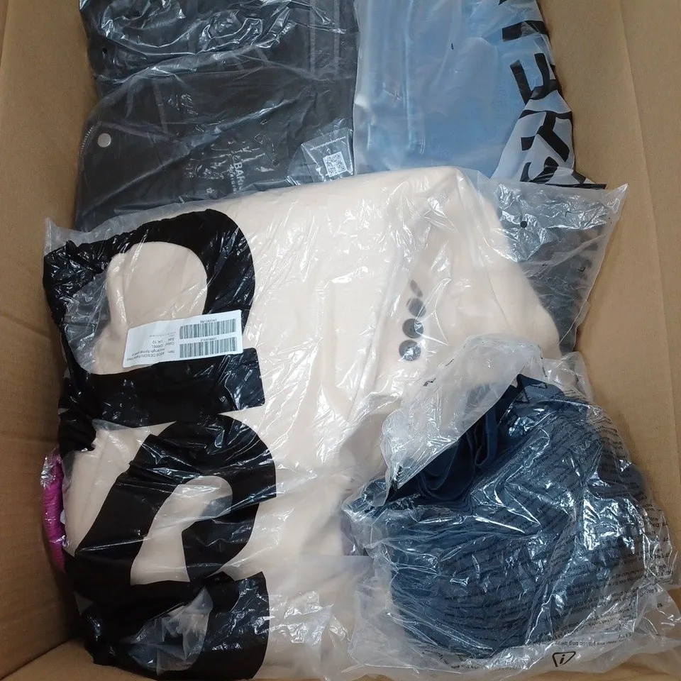 LARGE BOX OF ASSORTED CLOTHING ITEMS IN VARIOUS COLOURS AND SIZES INCLUDING TROUSERS , TOPS AND JUMPERS 