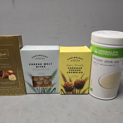 APPROXIMATELY 10 ASSORTED FOOD ITEMS TO INCLUDE - CARTWRIGHT CHEDDAR CHEESE CRUMBLES , HERBALIFE NUTRITION ETC
