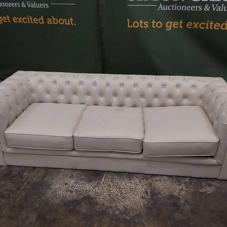 DESIGNER THREE SEATER CHESTERFIELD SOFA BEIGE LEATHER 