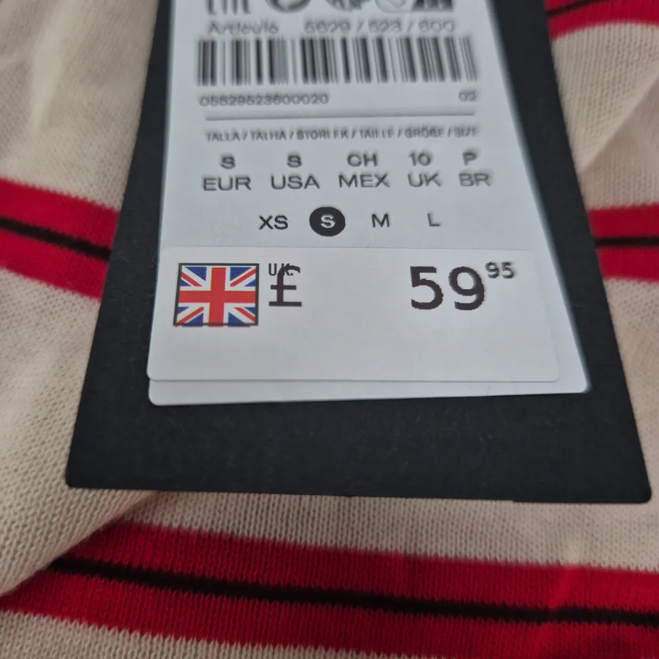 MASSIMO DUTTI STRIPED KNIT POLO SHIRT, UK S – BEIGE WITH RED STRIPES