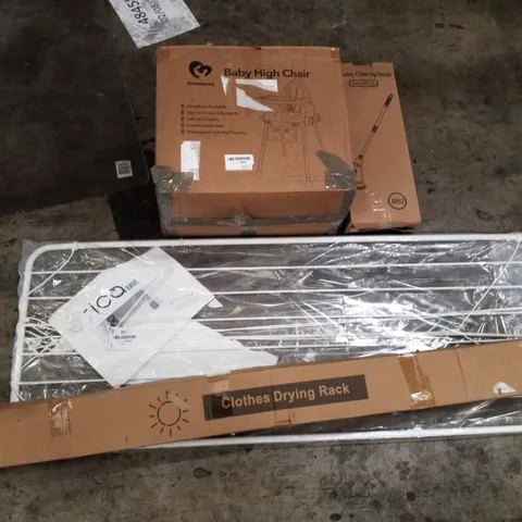 PALLET OF ASSORTED PRODUCTS INCLUDING BABY HIGH CHAIR, LAUNDRY HOIST, ELECTRIC CLEANING BRUSH, CLOTHES DRYING RACK