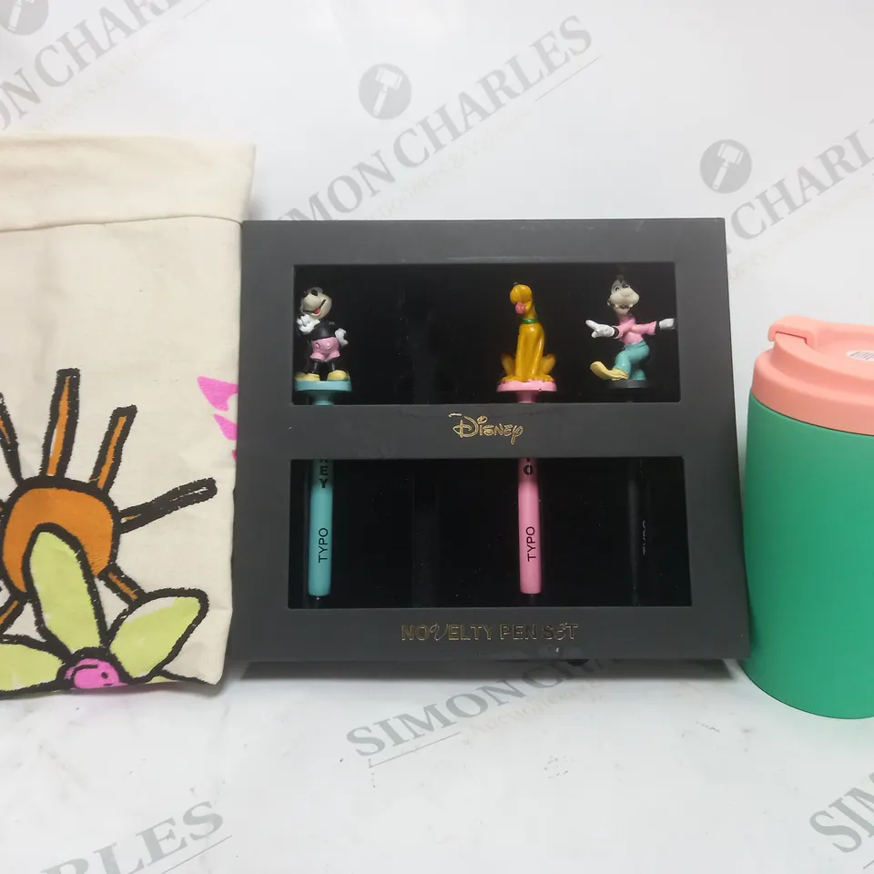 BOX OF APPROXIMATELY 40 ASSORTED HOUSEHOLD ITEMS TO INCLUDE METAL COMMUTER CUP IN TEAL, DISNEY NOVELTY PEN SET, ETC