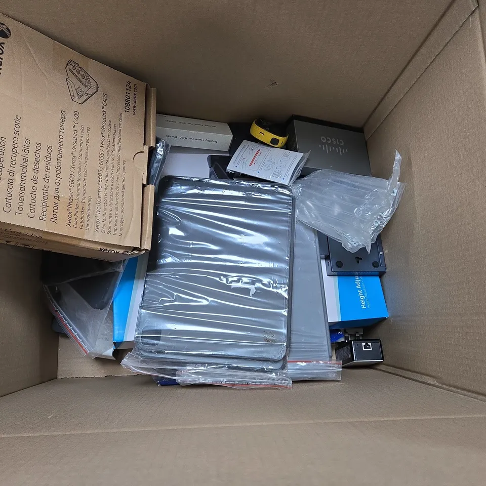 BOX OF APPROXIMATELY 15 HOME AND ELECTRICAL PRODUCTS TO INCLUDE LANDLINE TELEPHONE, CAMERA AND A DC BRUSHLESS FAN