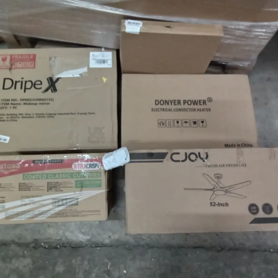 PALLET OF ASSORTED ITEMS INCLUDING DONYER POWER ELECTRICAL CONVECTOR HEATER, DRIPEX MAKEUP MIRROR, CJOY 52" CEILING FAN, 4FT FOLDING TABLE, CLOTHES RAIL
