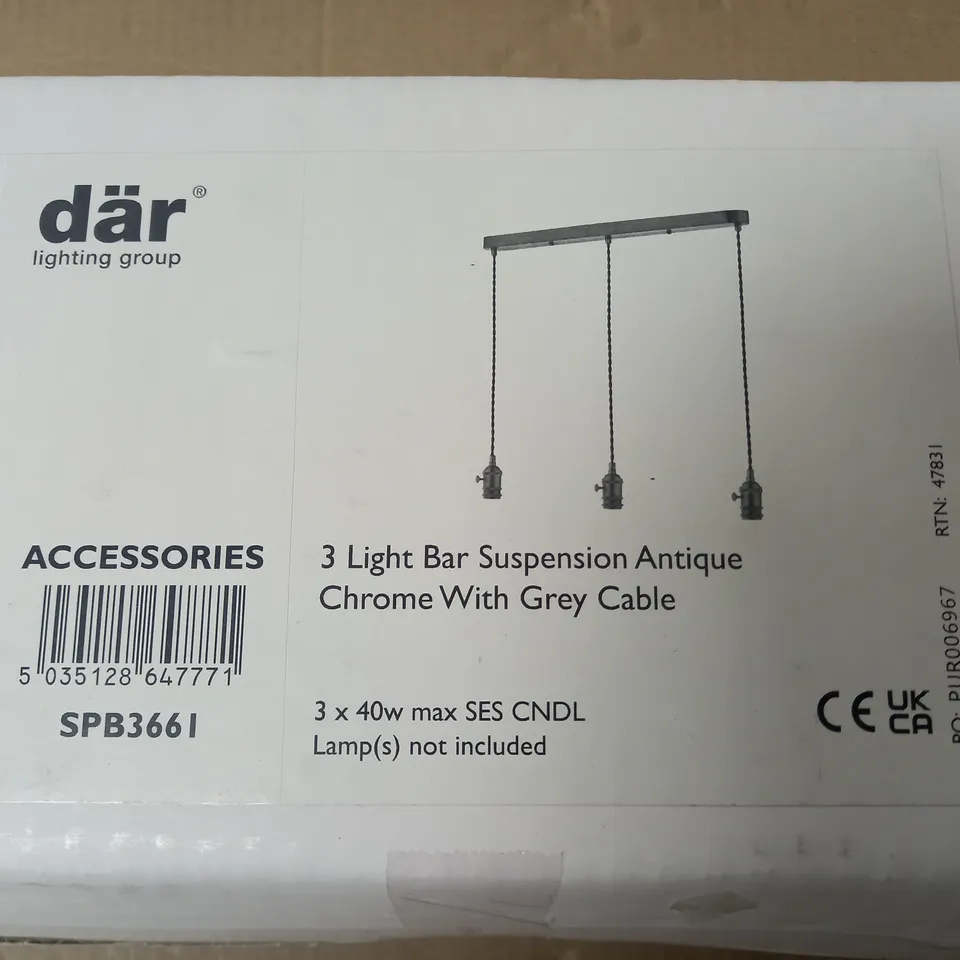 BOXED DAR LIGHTING 3-LAMP BAR SUSPENSION LIGHT IN ANTIQUE CHROME WITH GREY CABLE