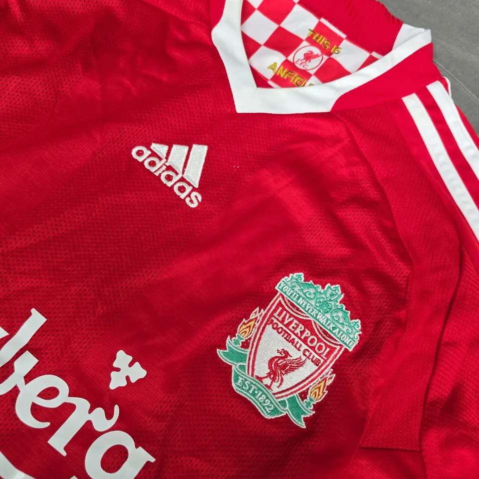LIVERPOOL FC ADIDAS CLIMA365 FOOTBALL SHIRT – RED HOME KIT WITH CARLSBERG SPONSOR (UK 34/36, US XL)
