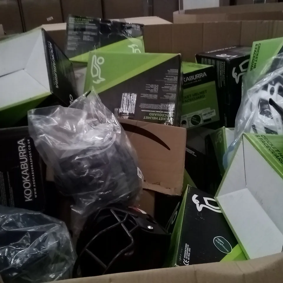 PALLET OF ASSORTED HELMETS  INCLUDING CYCLING, AMERICAN FOOTBALL, SNORKEL MASK, SAFETY HELMET, ICE HOCKEY, SNOW SPORT HELMET 