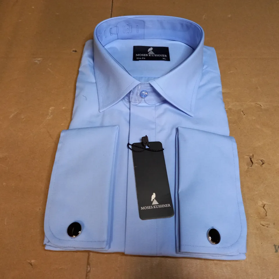 MOSES KUSHNER LOT OF 5 LONG SLEEVE SLIM FIT BUTTONED BLUE SHIRTS IN VARIOUS SIZES - 2 SMALL, 3 XL