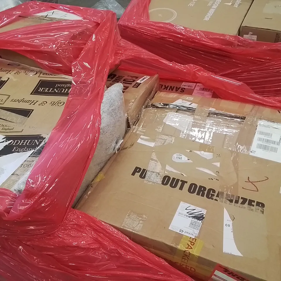 PALLET CONTAINING ASSORTED ITEMS INCLUDING: FOLDING WAGON CART, PULL OUT ORGANISER ECT