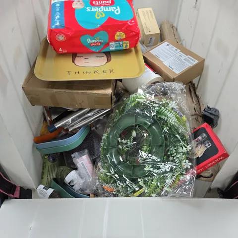 CAGE OF APPROXIMATELY 30 ASSORTED HOUSEHOLD ITEMS TO INCLUDE - PAMPERS NAPPIES , COOKING GLOVES , MASKING TAPE , ETC 