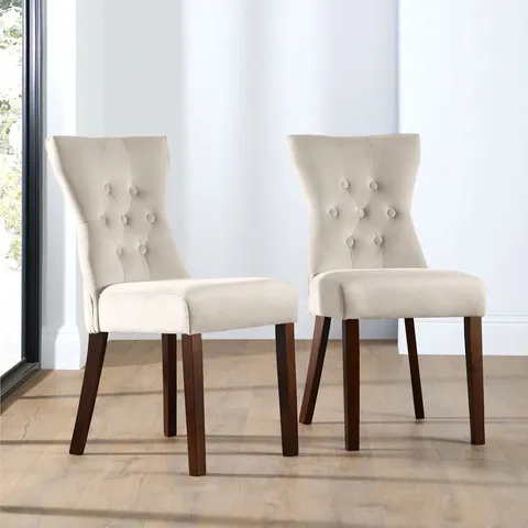 BOXED BEWLEY SILVER VELVET BUTTON BACK DINING CHAIRS (DARK LEG)