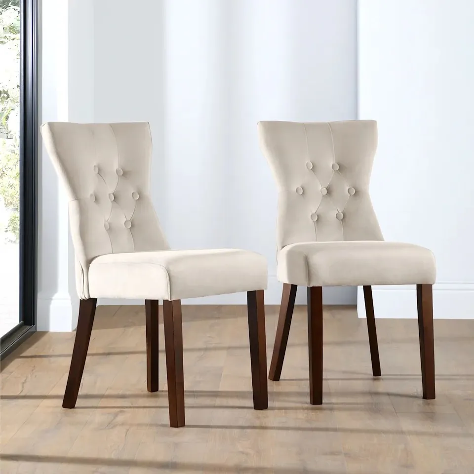 BOXED BEWLEY SILVER VELVET BUTTON BACK DINING CHAIRS (DARK LEG)
