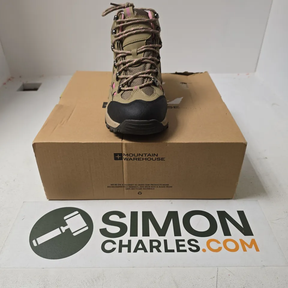 BOXED PAIR OF MOUNTAIN WAREHOUSE ADVENTURER WOMENS WATERPROOF WALKING BOOTS IN BEIGE/PINK - UK 6