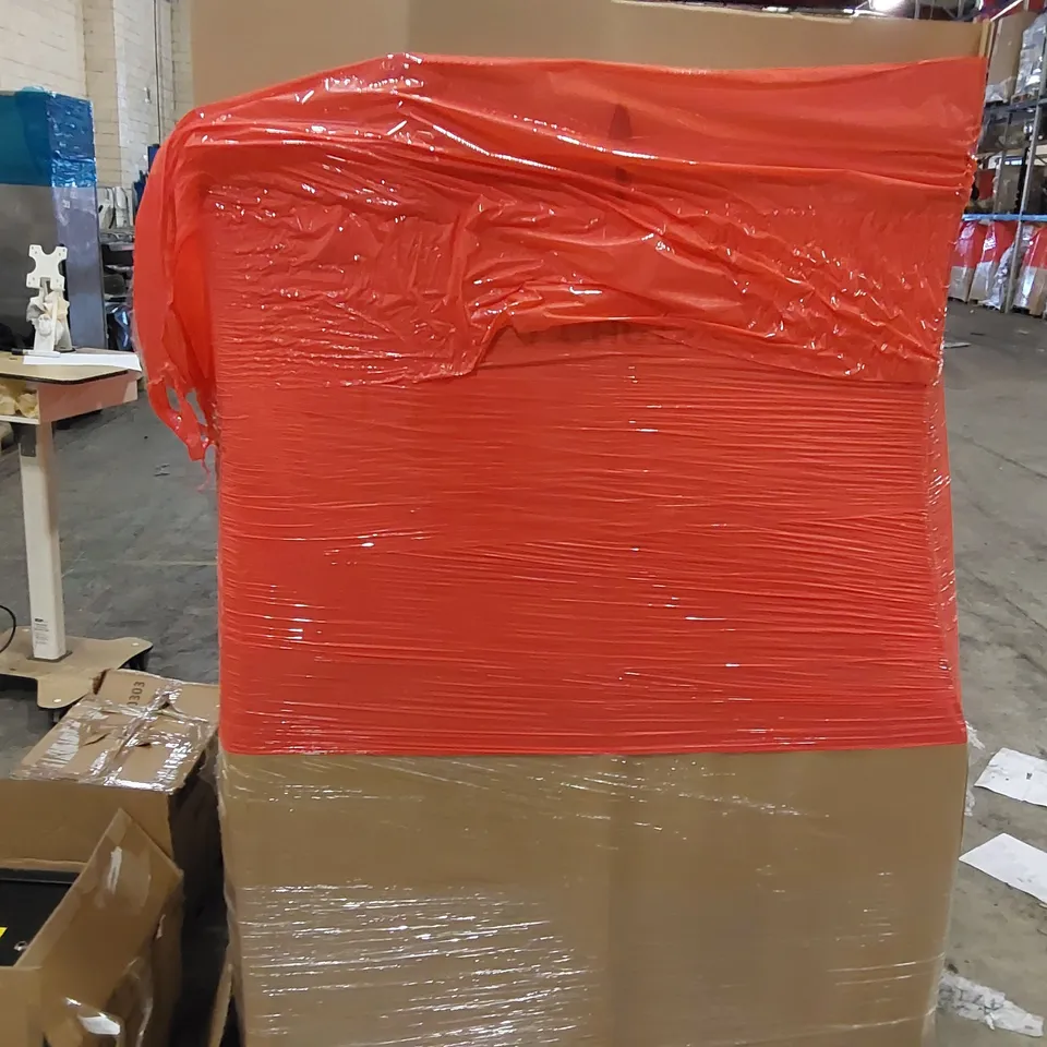 PALLET OF ASSORTED ITEMS INCLUDING: SAFE, OFFICE STOOL, YOGA MAT, BROOM, BASKET