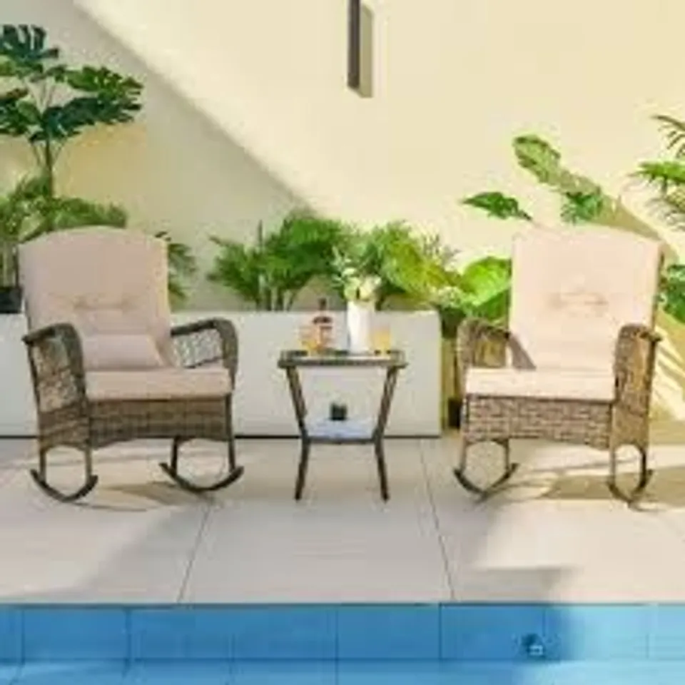 BOXED COSTWAY 3PCS PATIO ROCKING SET - 2 WICKER ROCKER CHAIRS & TEMPERED GLASS TABLE