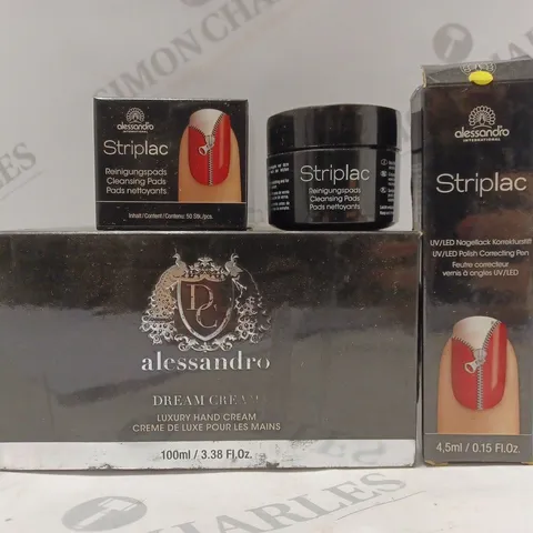 BOX OF APPROX 14 ASSORTED ALESSANDRO PRODUCTS TO INCLUDE DREAM CREAM LUXURY HAND CREAM, STRIPLAC CLEANSING PADS, STRIPLAC UV LED POLISH CORRECTING PEN, ETC 