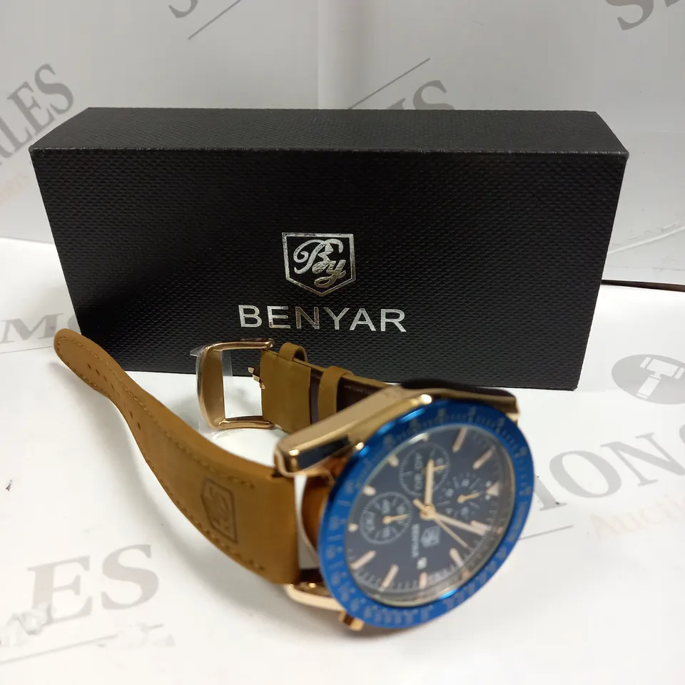BOXED BENYAR MENS BLUE DIAL LEATHER STRAP WATCH 