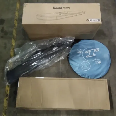 PALLET OF ASSORTED ITEMS INCLUDING POP UP TENTS, HORIZONTAL GYMNASTICS BAR, HOEX ISUP INFLATABLE PADDLE BOARD