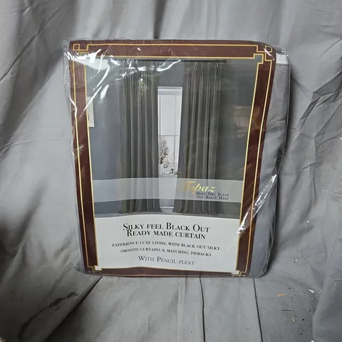 BOX OF APPROXIMATELY 20 X TOPAZ SILKY FEEL BLACK OUT READY MADE CURTAIN – PENCIL PLEAT, BOXED
