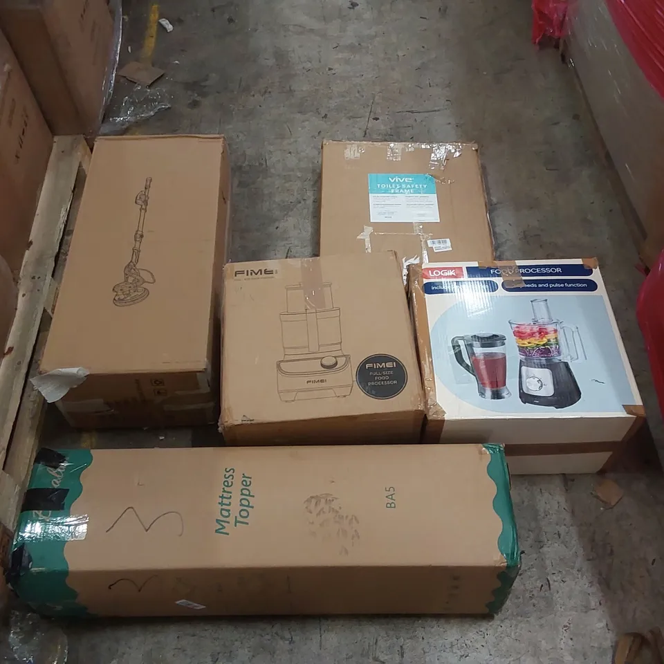 PALLET OF ASSORTED ITEMS INCLUDING: DRYWALL SANDER, FOOD SIZE PROCESSORS, MATTRESS TOPPER (90CM), TOILET SAFETY FRAME ECT