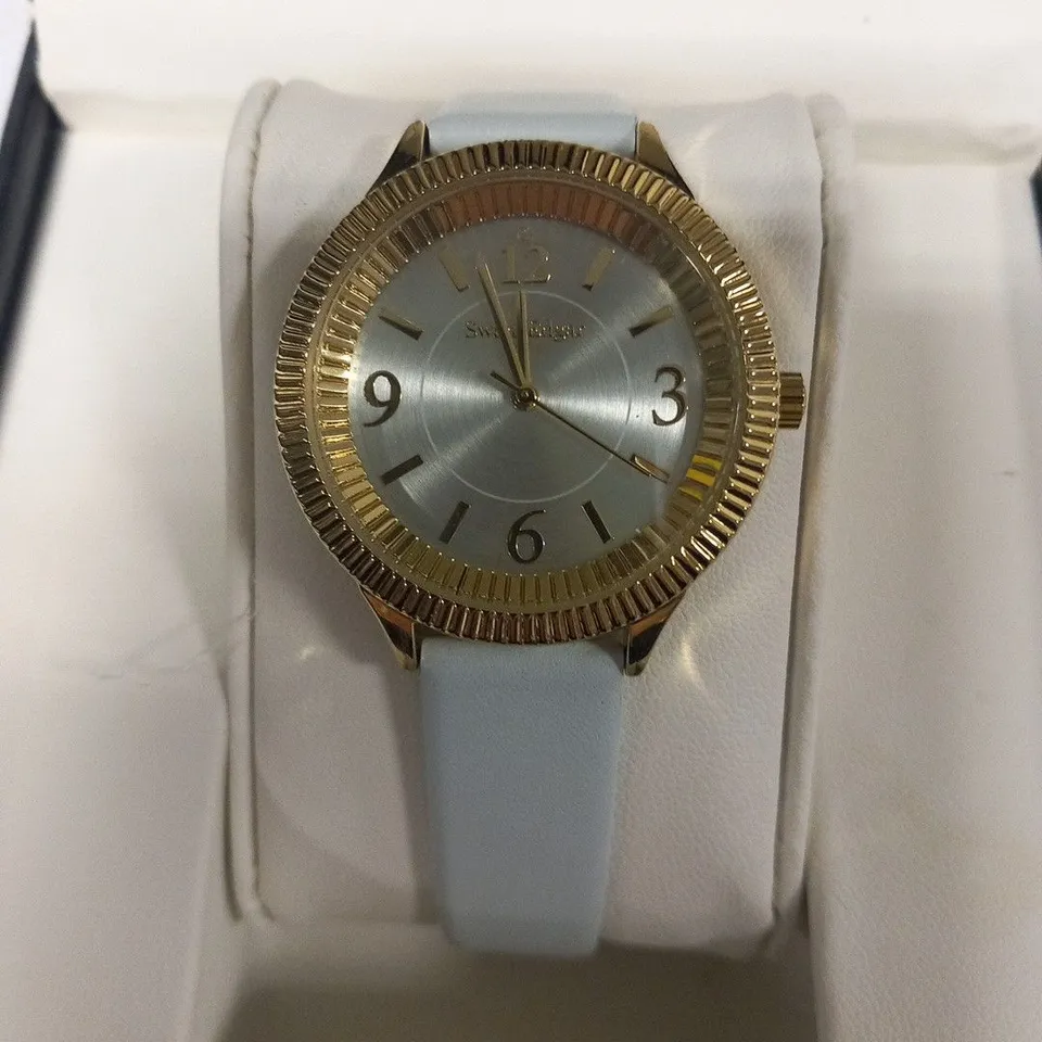 BOXED SWAN & EDGAR BLUE STRAP GOLD CASING WRIST WATCH 
