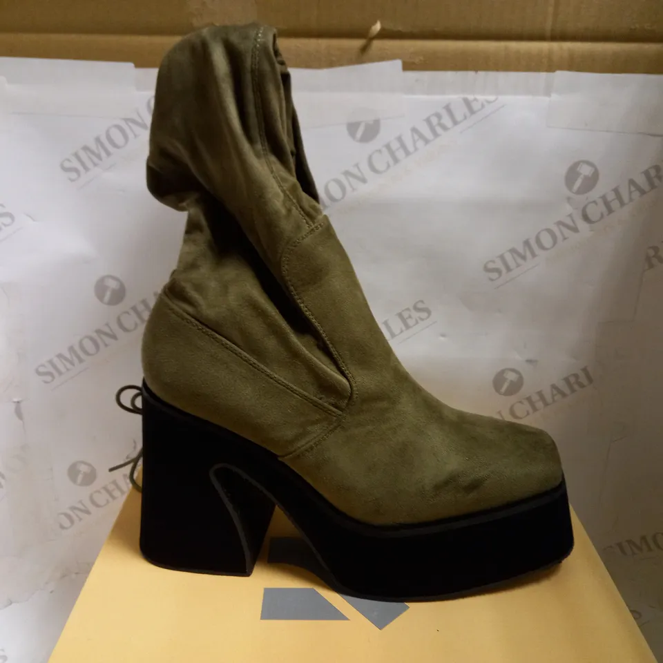 KOI VEGAN SANDICOOT KHAKI SUEDE LONG BOOTS - SIZE 8