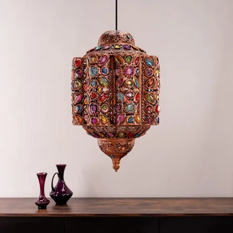 BOXED 49CM H METAL RECTANGULAR PENDANT AND SHADE IN GOLD