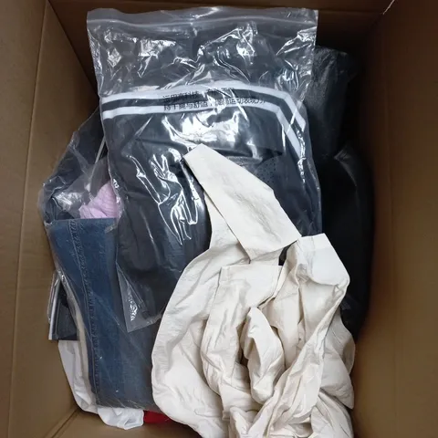 LARGE BOX OF APPROXIMATELY 25 ASSORTED CLOTHING ITEMS IN VARIOUS COLOURS, STYLES AND SIZES - COLLECTION ONLY