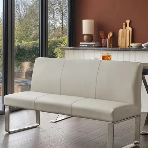 BOXED DANETTI LOOP LIGHT GREY FAUX LEATHER 3 SEATER DINING BENCH WITH BACKREST (2 BOXES)