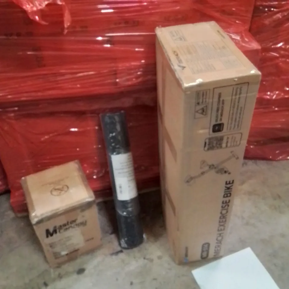 PALLET OF ASSORTED HOUSEHOLD GOODS AND PRODUCTS TO INCLUDE;CANOPY WEIGHT,MAT,EXERCISE BIKE