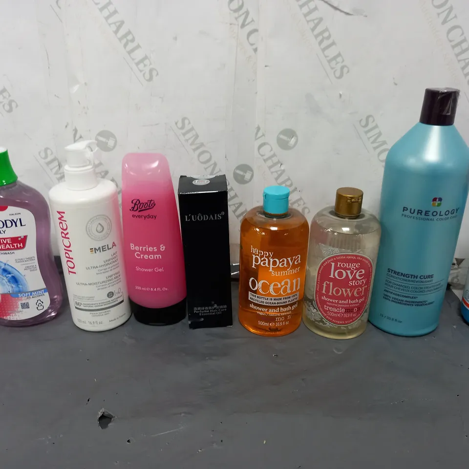 BOX OF APPROXIMATELY 12 ASSORTED COSMETIC ITEMS TO INCLUDE - CORSOYDL MOUTHWASH - BOOTS SHOWER GEL - MELA TROPICREM ETC.