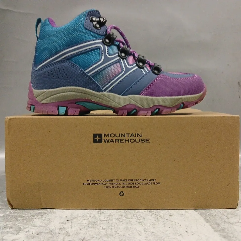 BOXED PAIR OF MOUNTAIN WAREHOUSE OSCAR 2 KIDS WALKING BOOTS IN LILAC/MULTI SIZE UK 12