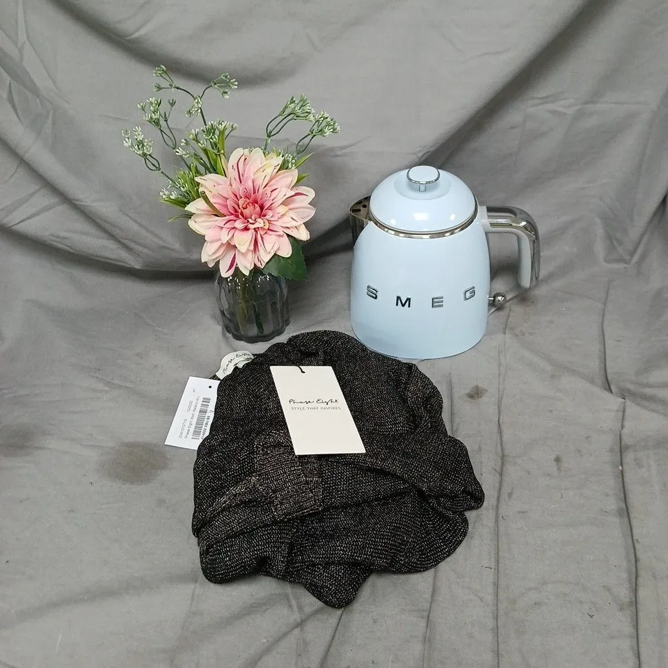 BOX OF APPROXIMATELY 15 ASSORTED HOUSEHOLD ITEMS INCLUDING SMEG KETTLE, PHASE 8 SIZE MEDIUM LADIES TOP AND FLOWER IN VASE DISPLAY