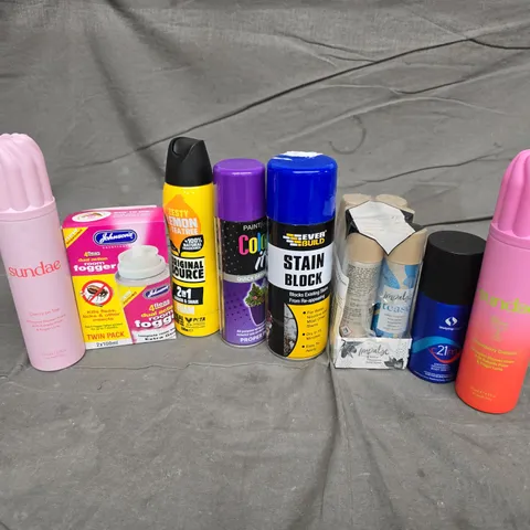 APPROXIMATELY 15 ASSORTED AEROSOLS TO INCLUDE EVERBUILD STAIN BLOCK, SUNDAE STRAWBERRY DAQUIRI SHIPPED SHOWER FOAM, COLOUR QUICK DRYING PAINT, ETC - COLLECTION ONLY