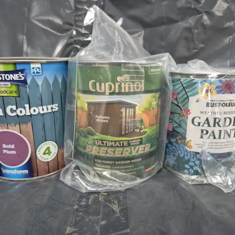 6 ASSORTED PAINT PRODUCTS TO INCLUDE CUPRINOL, JOHNSTONE'S, AND RUST-OLEUM - COLOURS VARY - COLLECTION ONLY